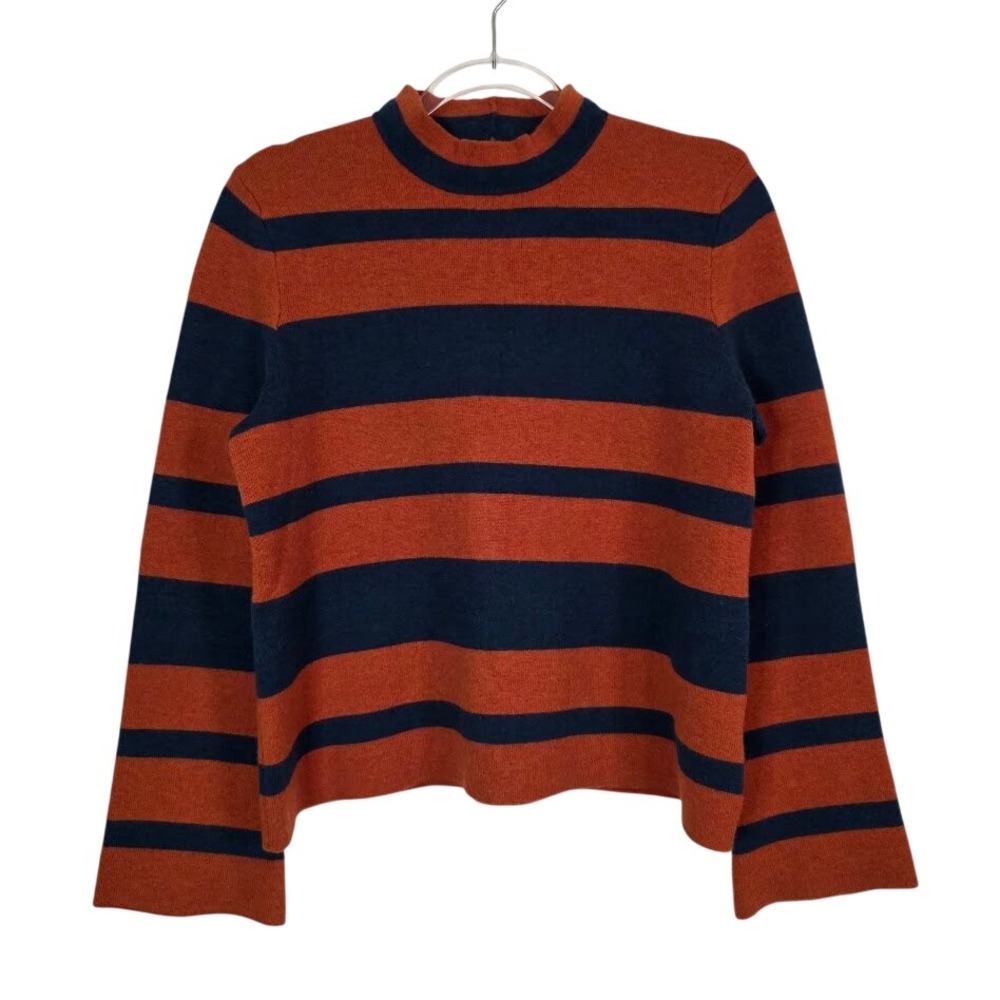 Toad&Co Women S Joni Bell Sleeve Sweater Orange Blue Stripe Mock Neck Wool Blend - Picture 2 of 9